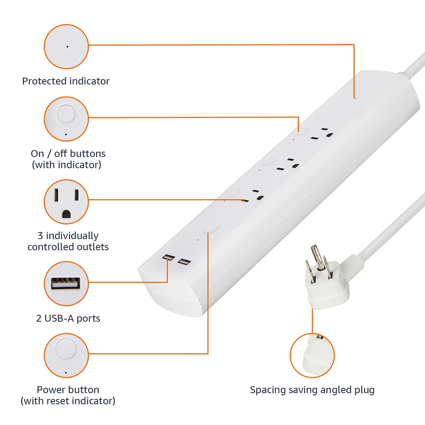 Amazon Basics Smart Plug Power Strip with 3 Individually Controlled Outlets and 2 USB-A Ports, Works with Alexa Only, 2.4 GHz Wi-Fi, No Hub Required, White