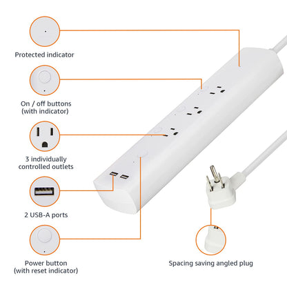 Amazon Basics Smart Plug Power Strip with 3 Individually Controlled Outlets and 2 USB-A Ports, Works with Alexa Only, 2.4 GHz Wi-Fi, No Hub Required, White