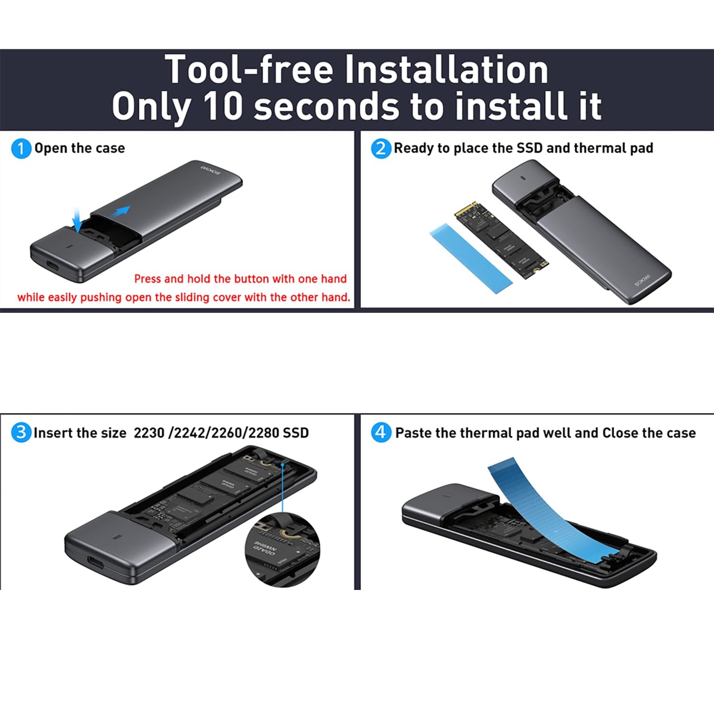 M.2 NVMe SATA SSD Enclosure Adapter Tool-Free,Sokiwi USB 3.2 Gen2 10Gbps External to USB PCI-E 6Gbps SATA M-Key / B+M Key, NVMe Reader Support UASP Trim for SSDs 2230/2242/2260/2280