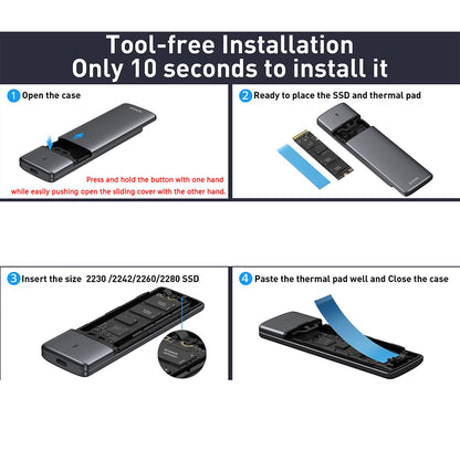 M.2 NVMe SATA SSD Enclosure Adapter Tool-Free,Sokiwi USB 3.2 Gen2 10Gbps External to USB PCI-E 6Gbps SATA M-Key / B+M Key, NVMe Reader Support UASP Trim for SSDs 2230/2242/2260/2280