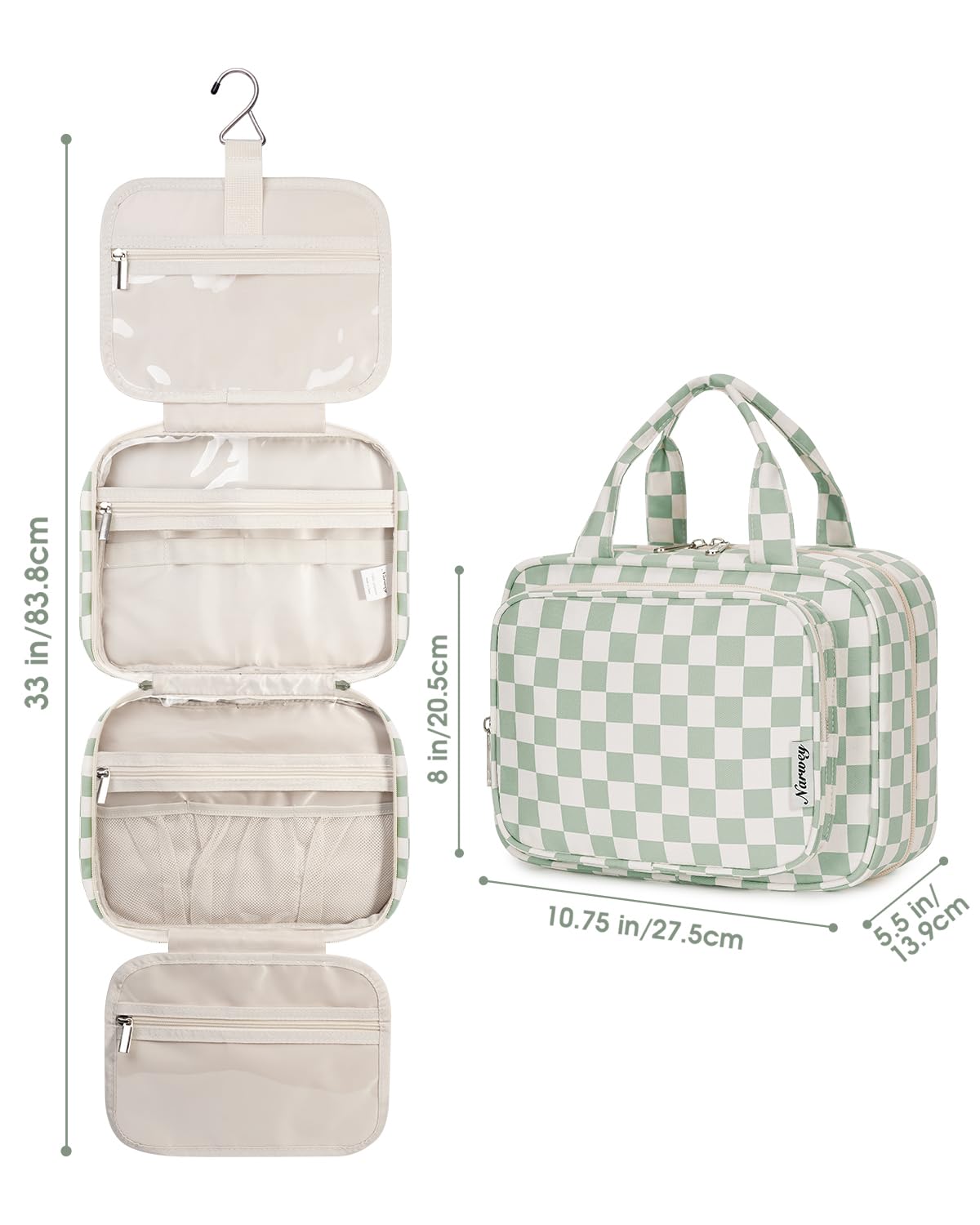 Narwey Hanging Toiletry Bag for Women Travel Checkered Makeup Bag Organizer Toiletries Bag for Travel Size Essentials Accessories Cosmetics (Mint Green Checkerboard (Medium))