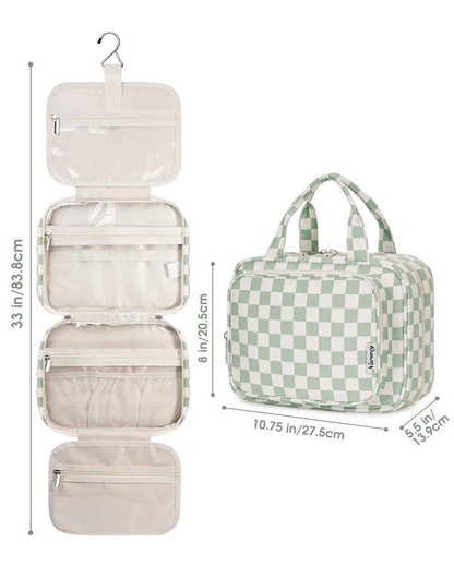 Narwey Hanging Toiletry Bag for Women Travel Checkered Makeup Bag Organizer Toiletries Bag for Travel Size Essentials Accessories Cosmetics (Mint Green Checkerboard (Medium))