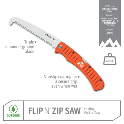 Outdoor Edge 4.5" Flip N' Zip Saw - Lightweight Folding Aluminum Handle Outdoor-Hunting Saw with 65Mn Spring Steel Blade and Triple Ground Teeth for Bone and Wood with Nylon Sheath