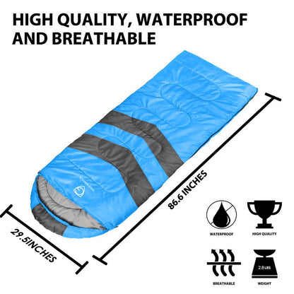 Gold Armour Sleeping Bags for Adults Kids Boys Girls Backpacking Hiking Camping, Cold Warm Weather 4 Seasons, Indoor Outdoor Use, Lightweight & Waterproof, Right Zipper (Blue/Gray)