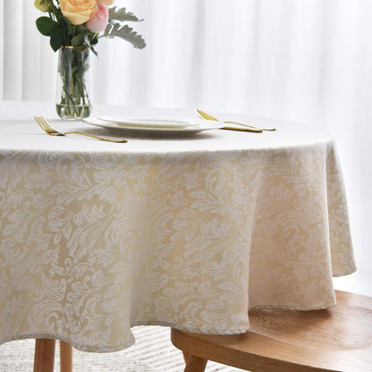 maxmill Jacquard Round Table Cloth Damask Design Waterproof Antiwrinkle Heavy Weight Soft Tablecloths for Circular Table Cover and Kitchen Dinning Tabletop Round 70 Inch Beige with White