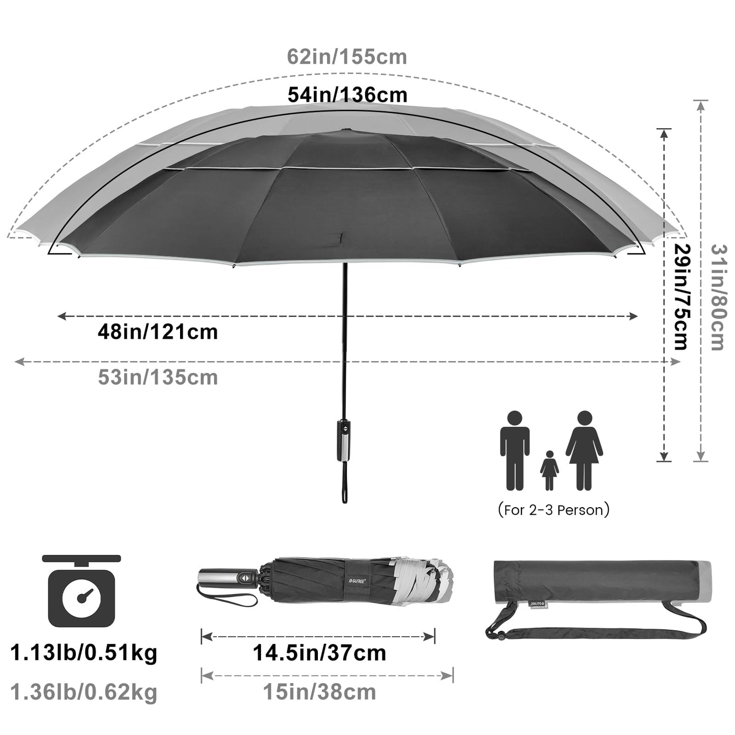 G4Free 62 Inch Windproof Inverted Umbrella with Reflective Stripe Large Compact Reverse Golf Umbrella for Rain 10 Ribs Double Canopy Travel Umbrella Automatic Open Close (Black)