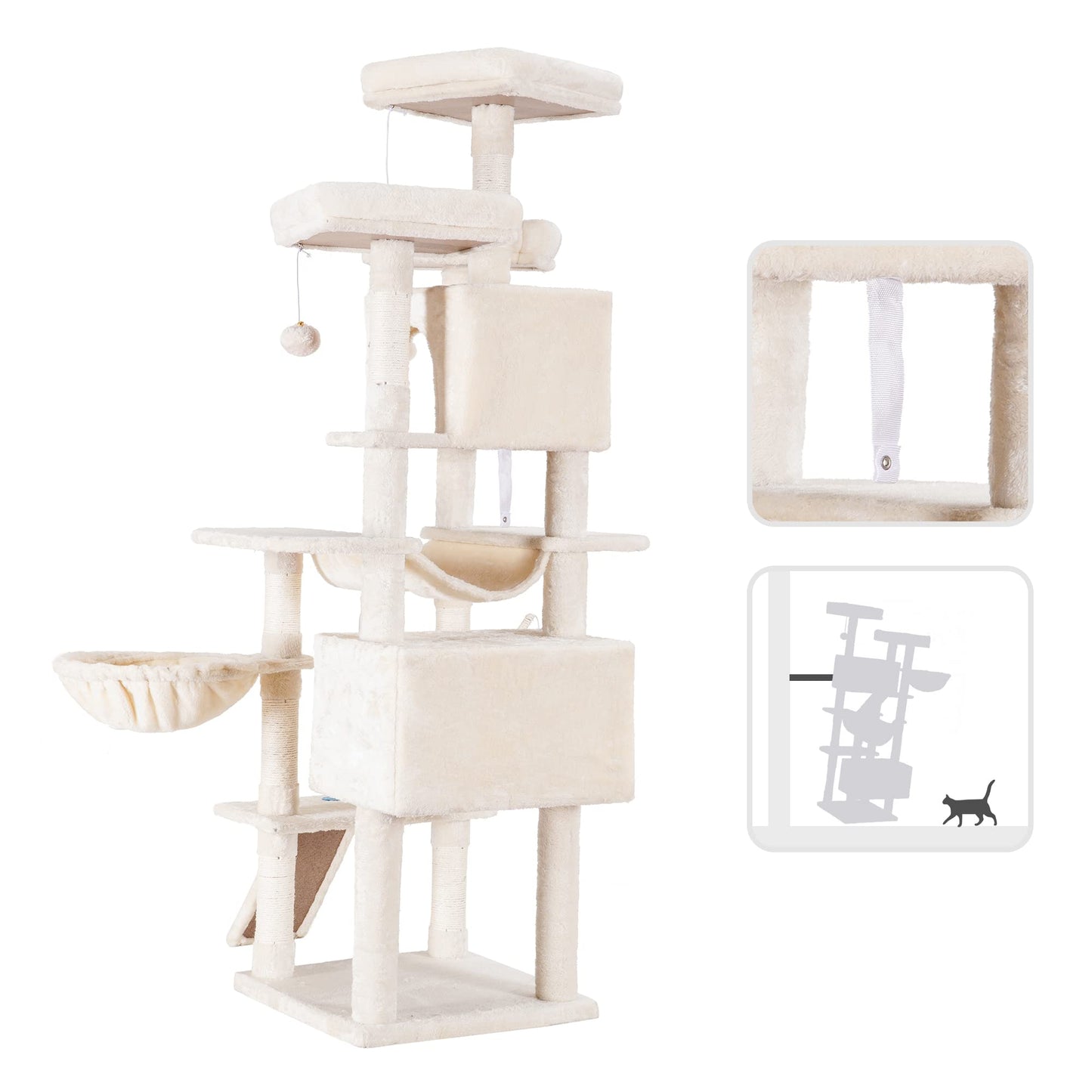 Hey-brother Cat Tree, 71 inches XL Large Cat Tower for Indoor Cats, Multi-Level Cat House with 3 Padded Perches, Big Scratcher, Cozy Basket, 2 Cat Condos and Scratching Posts, Beige MPJ034M
