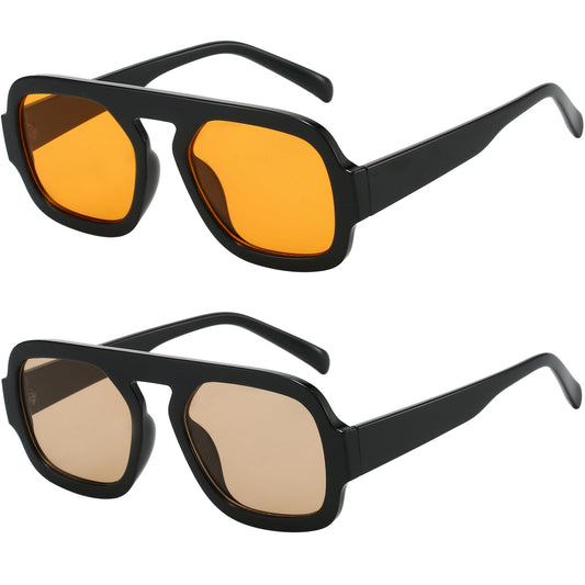 MUNSADE Trendy Square Aviator Sunglasses for Women Flat Top Designer Stylish Frame Sun Glasses Vintage Shades ((2 Pack) Black/Orange+Black/Light Brown)