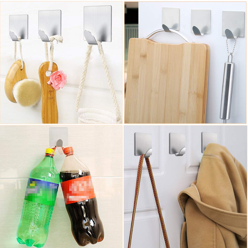 FOTYRIG Adhesive Hooks: Stick on Waterproof Stainless Steel Hooks for Hanging Coat, Hat,Towel Robe Hook Rack Wall Mount- Bathroom and Bedroom 8 Packs