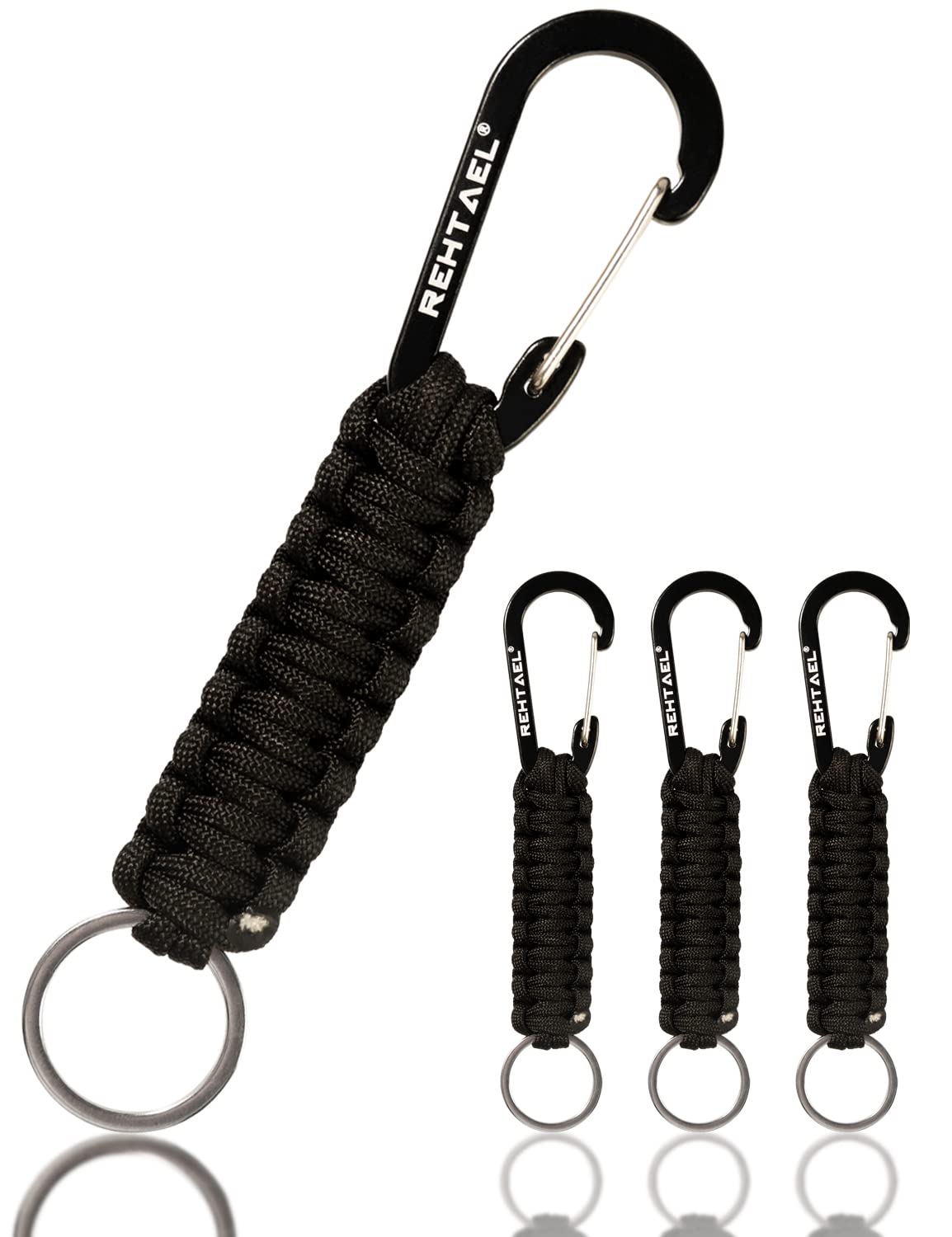 REHTAEL Keychain Paracord Carabiner Men/Women, Military Braided Heavy Duty Key Chain w/Belt Clip D-Ring for Car Keys, Keychain Strap for Backpack Camping Hiking, 4Pcs (4*Black)