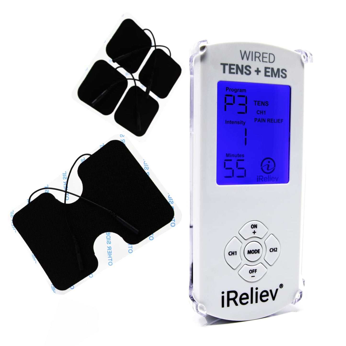 iReliev TENS Unit + EMS Muscle Stimulator Comes with 14 Therapy Modes, Premium Pain Relief and Recovery System, Rechargeable, Large Back Lit Display, Large and Small Electrode Pads