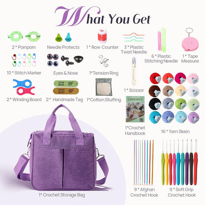 Lewhoo Crochet Kits for Beginner Adults, All Inclusive Crochet Set with 9 Size Crochet Hooks, Afghan Crochet Needles 2.0-6.0mm, 1136 Yards Yarn Skeins Balls,Knitting Kits Storage Organizer
