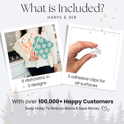 Harps&Seb Swedish Dishcloths for Kitchen Dishcloths - 6 Pack, Reusable Paper Towels with Clips, Super Absorbent Washable Non-Scratch Swedish Dish Towels, No Odor, Biodegradable