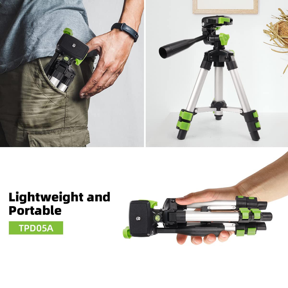 Huepar TPD05 19.7" Lightweight Aluminum Tripod-Mini Portable Adjustable Tripod for Laser Level and Camera, with 3-Way Flexible Pan Head and Bubble Level, Quick Release Plate with 1/4"-20 Screw Mount