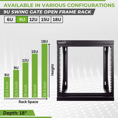 NavePoint 9U Open-Frame Server Rack for 19" IT Network Equipment & A/V Devices Free Standing or Wall Mount with 180 Degrees Gate Swing, Black