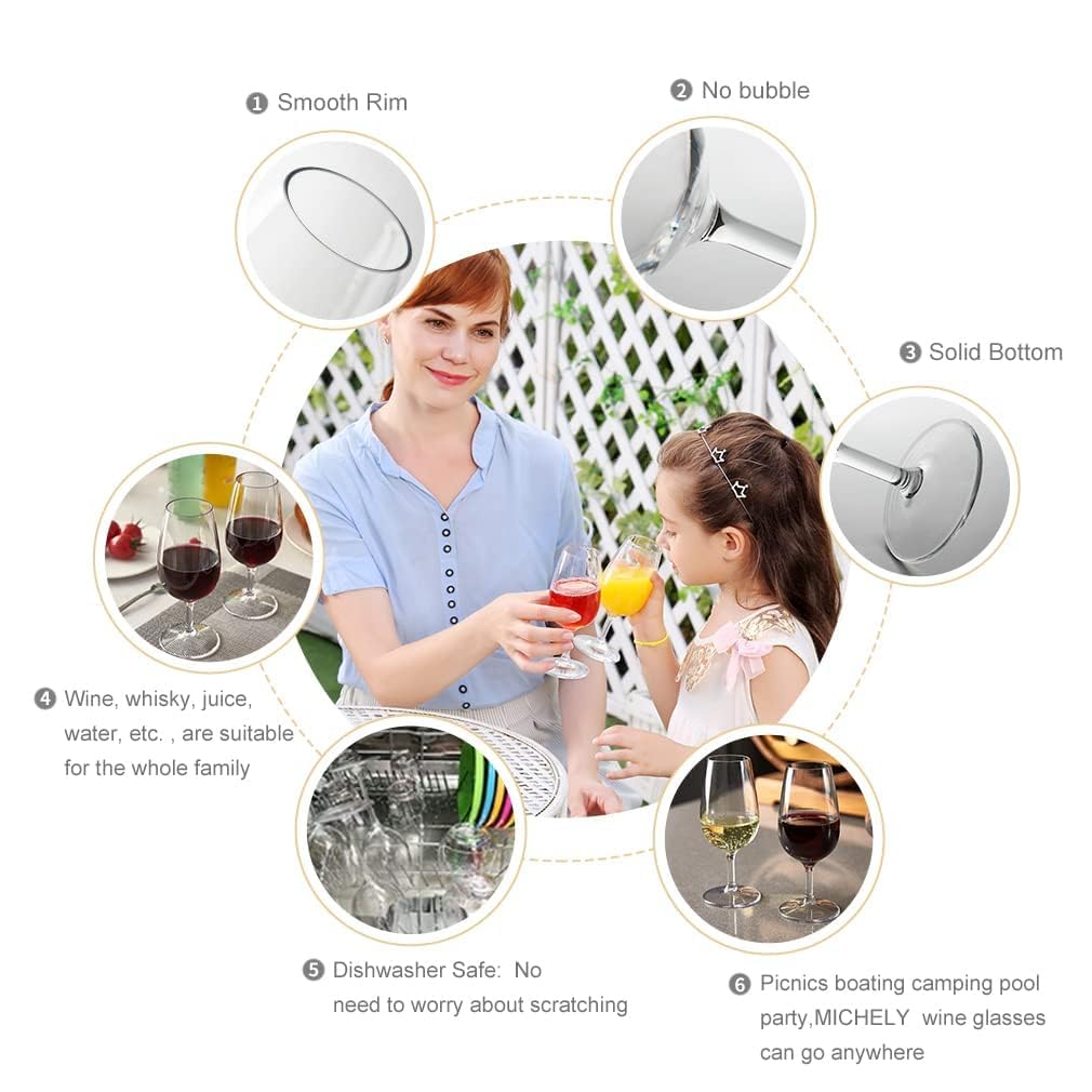 MICHLEY Unbreakable Stemmed Wine Glasses, 100% Tritan Plastic Snifter Glasses, BPA-free & Dishwasher Safe, Small Size 7.8 oz,Set of 4