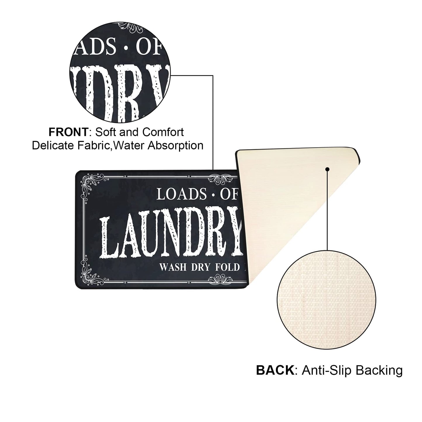 ROMAMIGO Non Slip Laundry Runner Rug - Farmhouse Kitchen Floor Mat for Mudroom and Bathroom - Black, 20 X 47 Inches