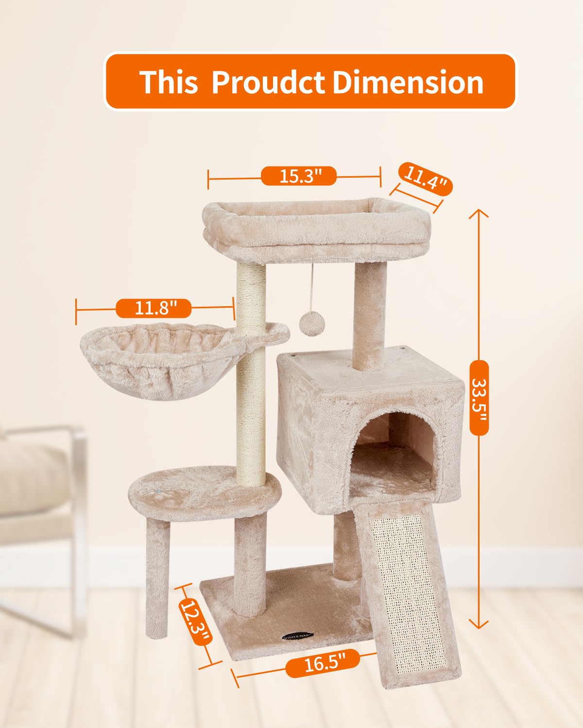 FISH&NAP Cute Cat Tree Kitten Cat Tower for Indoor Cat Condo Sisal Scratching Posts with Jump Platform Cat Furniture Activity Center Play House Beige
