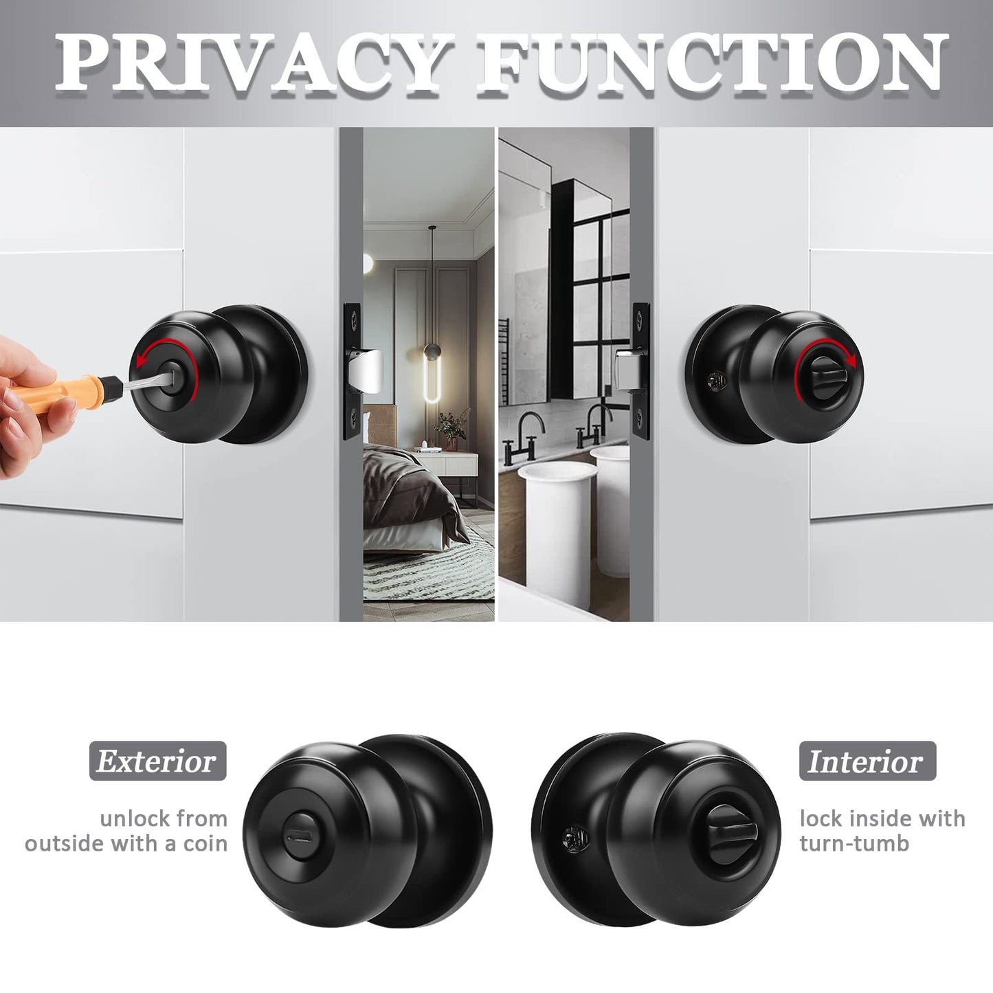 Probrico 10 Pack Round Privacy Door Knob(Thumb Turn Lock on The Inside), Keyless Doorknobs Interior/Exterior Lockset,Privacy Knobs for Bedroom/Bathroom,Black Modern Design Door Hardware
