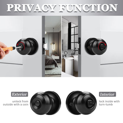 Probrico 10 Pack Round Privacy Door Knob(Thumb Turn Lock on The Inside), Keyless Doorknobs Interior/Exterior Lockset,Privacy Knobs for Bedroom/Bathroom,Black Modern Design Door Hardware