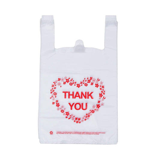 LazyMe Thank you T Shirt Bags, Bolsas De Plastico Para Negocio, White Plastic Grocery Bags with Handles, Standard Supermarket Size, 12 x 20 Inches (50 pcs)