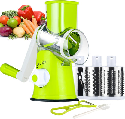 Ourokhome Rotary Cheese Grater Hand Crank, Kitchen Shredder Speed Mandolin Slicer Nut Grinder with Handle and Drum Blades for Cheese, Vegetable, Walnut, Chocolate, Potato, Carrot, 3 Blades, Green
