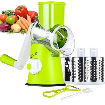 Ourokhome Rotary Cheese Grater Hand Crank, Kitchen Shredder Speed Mandolin Slicer Nut Grinder with Handle and Drum Blades for Cheese, Vegetable, Walnut, Chocolate, Potato, Carrot, 3 Blades, Green