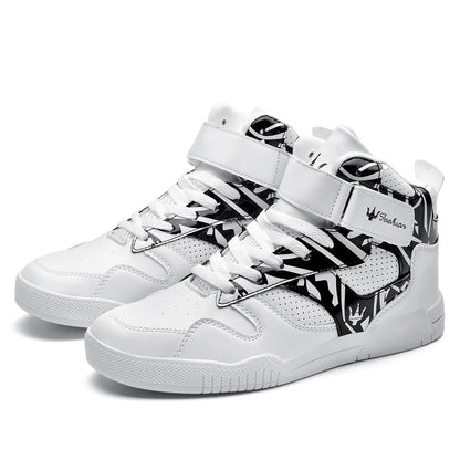 FZUU Men's Fashion High Top Leather Street Sneakers Sports Casual Shoes (8.5, White/Black, Numeric_8_Point_5)