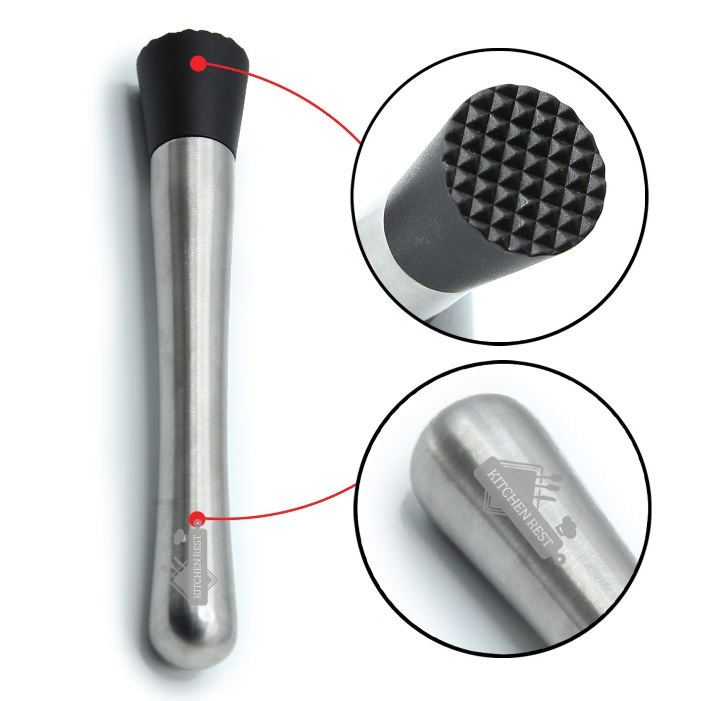 Kitchen Rest Muddler for Cocktails - 8inch Long 1pc 304 Stainless Steel Fruit Crusher - Bar Tools for Home for Making Mojito Mix and Other Fruit Drinks (8 Inch)