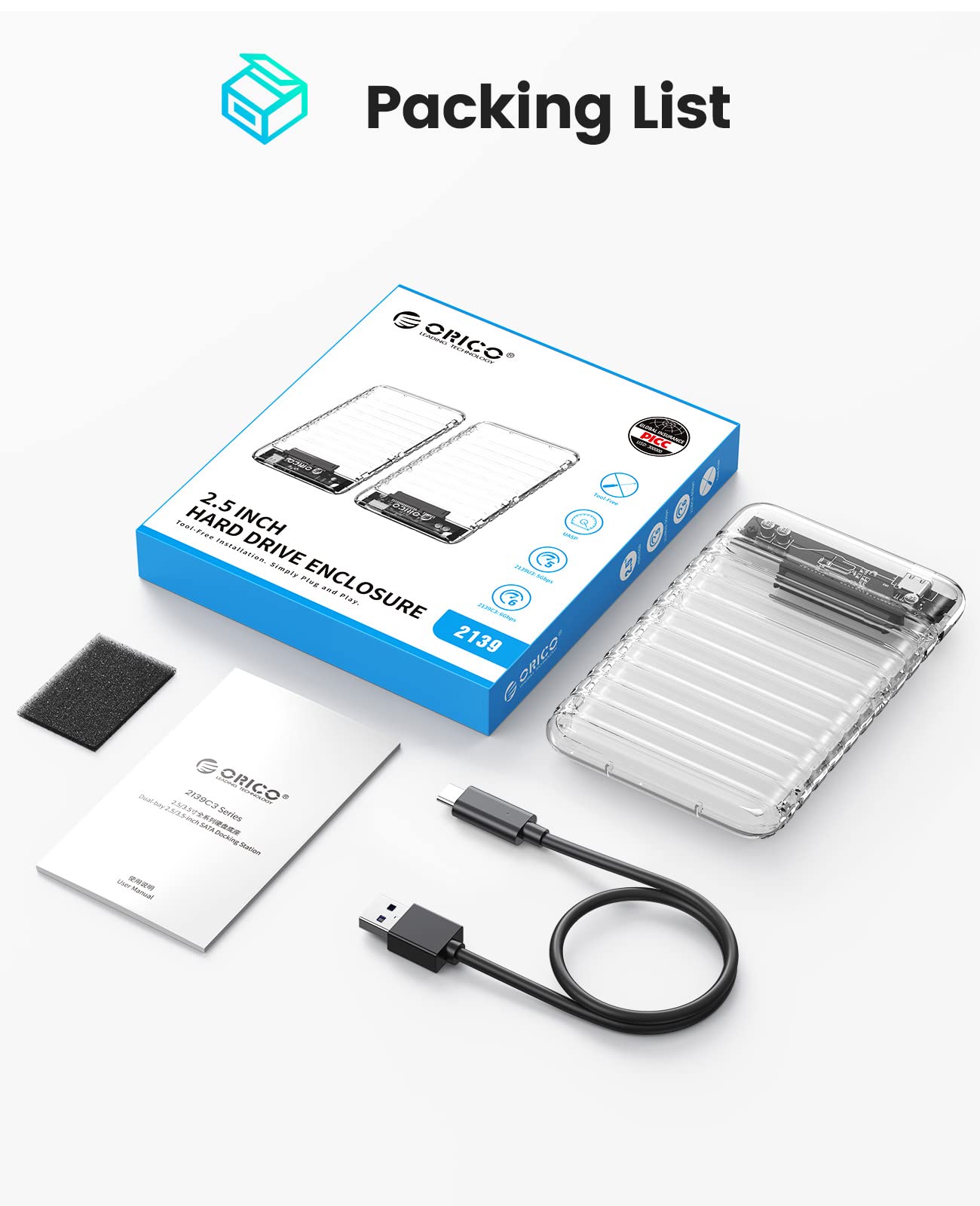 ORICO 2.5 inch Hard Drive Enclosure USB C to SATA III 5Gbps Clear External Hard Drive Case for All 7mm 9.5mm 2.5 inch SATA SSD HDD Up to 6TB, Tool-Free, Support USB 3.0 UASP (2139C3)