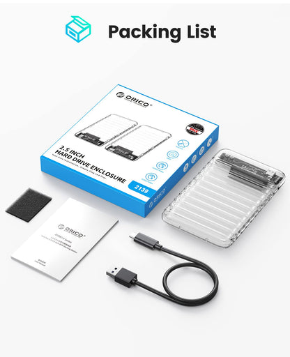 ORICO 2.5 inch Hard Drive Enclosure USB C to SATA III 5Gbps Clear External Hard Drive Case for All 7mm 9.5mm 2.5 inch SATA SSD HDD Up to 6TB, Tool-Free, Support USB 3.0 UASP (2139C3)