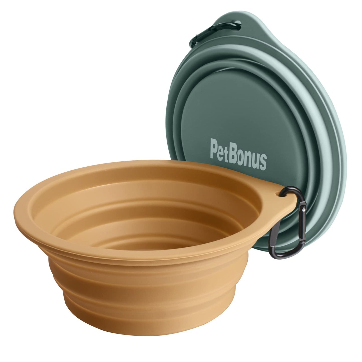 PetBonus 2-Pack Silicone Collapsible Dog Bowls, BPA Free Dishwasher Safe, Portable Foldable Expandable Travel Bowl, Food Water Feeding Cup Dish for Dogs Cats with 2 Carabiners (Turquoise, Tan)