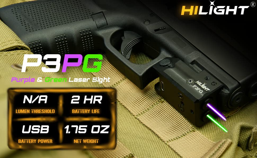 HiLight - Tactical P3PG - 500 Lumens Strobe Flashlight & Dual (Purple, Green) Laser w/Aircraft Grade Aluminum & Rechargeable USB Battery - Extension Rail Mount Light & Dual Laser Class of IIIA, <5mW