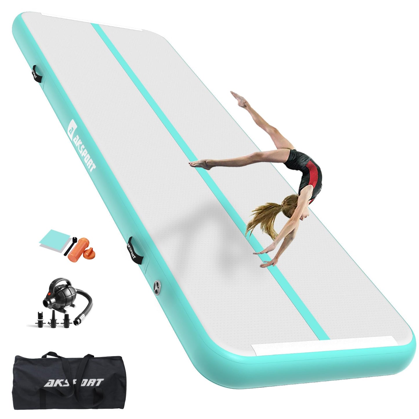 AKSPORT Air Mat Tumble Track 10ft-20ft Inflatable Gymnastics Mat 4/8in Thickness for Home Use/Tumble/Gym/Training/Cheerleading/Yoga (Mint Green, 10x3.28x0.66ft)