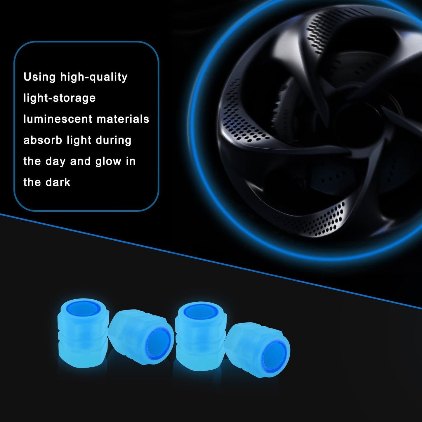 Miytsya 4 PCS Luminous Wheels Cap Tire Valve Stem, Glow Luminous at Night, Air Caps Cover Fluorescent, Illuminated Auto Car Wheel Valve Stem Caps Cover for Car, Motorcycles, Truck, Vehicle (Blue)