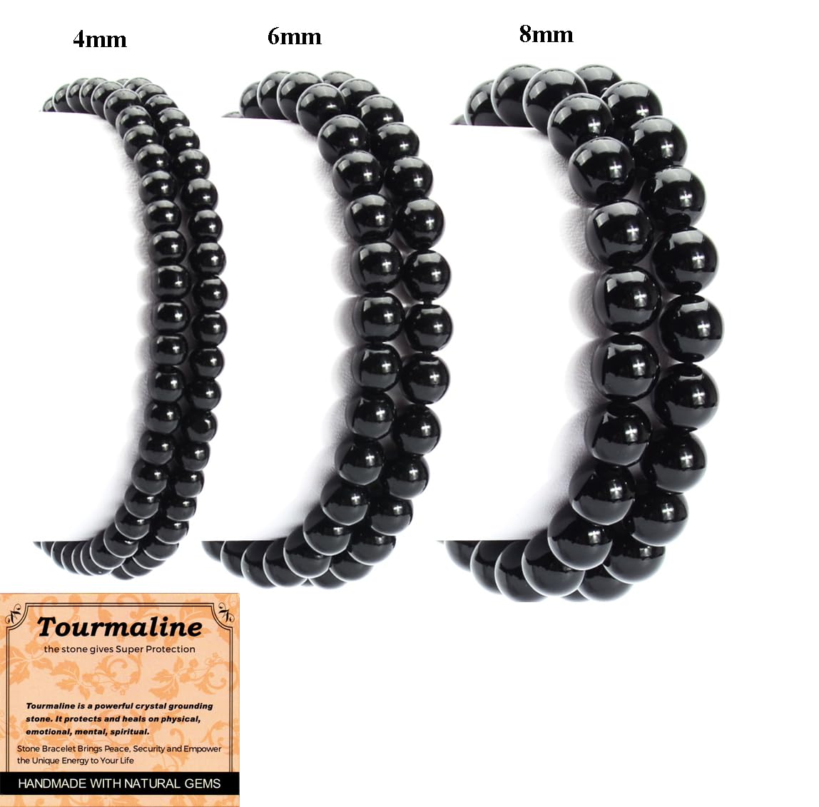 MASSIVE BEADS Black Tourmaline - Super Protection - Handmade Yoga Stretch Elastic Bracelet Natural Stone Crystal Healing Power Energy Gifts for Unisex Adult 8mm