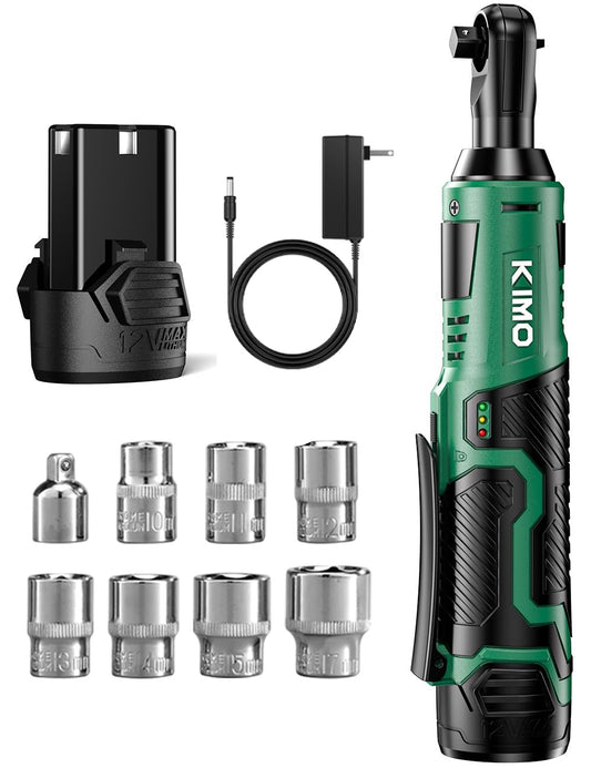 KIMO Cordless Electric Ratchet Wrench Set, 40 Ft-lbs, 400 RPM, 3/8" 12V Cordless Ratchet Kit w/ 60-Min Fast Charge, Variable Speed Trigger, 2.0Ah Lithium-Ion Battery (1 Battery)