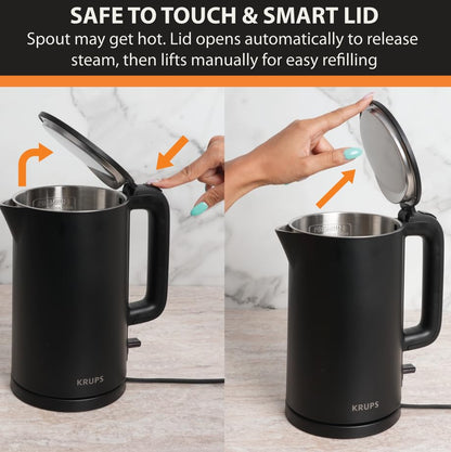 KRUPS 1.5L Electric Kettle, Cool Touch Stainless Steel Interior, Fast Boiling, one cup in 80 seconds, Double Wall, Fast Boiling, Auto Off, Keep Warm, Cordless, Black