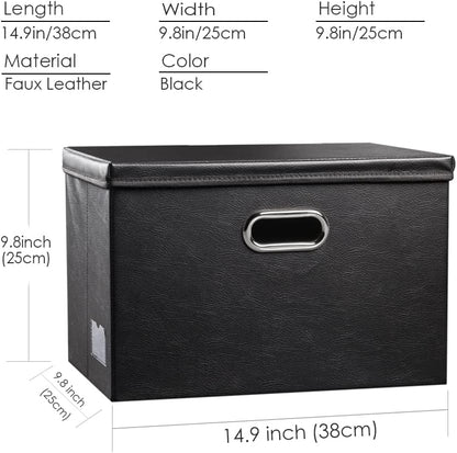 PRANDOM Collapsible Storage Bins with Lids [3-Pack] Leather Fabric Foldable Storage Boxes Organizer Containers Baskets Cube with Cover for Bedroom Closet Office Nursery Black (14.9x10.8x10)