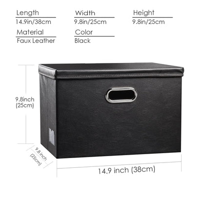 PRANDOM Collapsible Storage Bins with Lids [3-Pack] Leather Fabric Foldable Storage Boxes Organizer Containers Baskets Cube with Cover for Bedroom Closet Office Nursery Black (14.9x10.8x10)