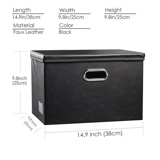 PRANDOM Collapsible Storage Bins with Lids [3-Pack] Leather Fabric Foldable Storage Boxes Organizer Containers Baskets Cube with Cover for Bedroom Closet Office Nursery Black (14.9x10.8x10)