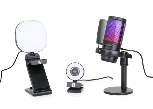 Live Streaming Kit- Perfect for Streaming Video Games on Twitch, YouTube, Podcasts and Working from Home. includes 1920x1080p Webcam, Professional USB Microphone, and One LED Multi-Color Light