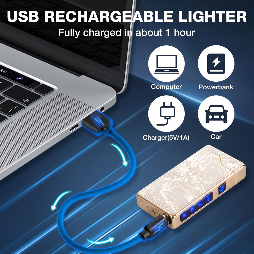 LcFun Electric Lighter USB Rechargeable, Dual Arc Plasma Lighter, Windproof Flameless Lighters, Electronic Lighters with LED Battery Indication Gifts for Men Boyfriend Husband (Dragon Gold)