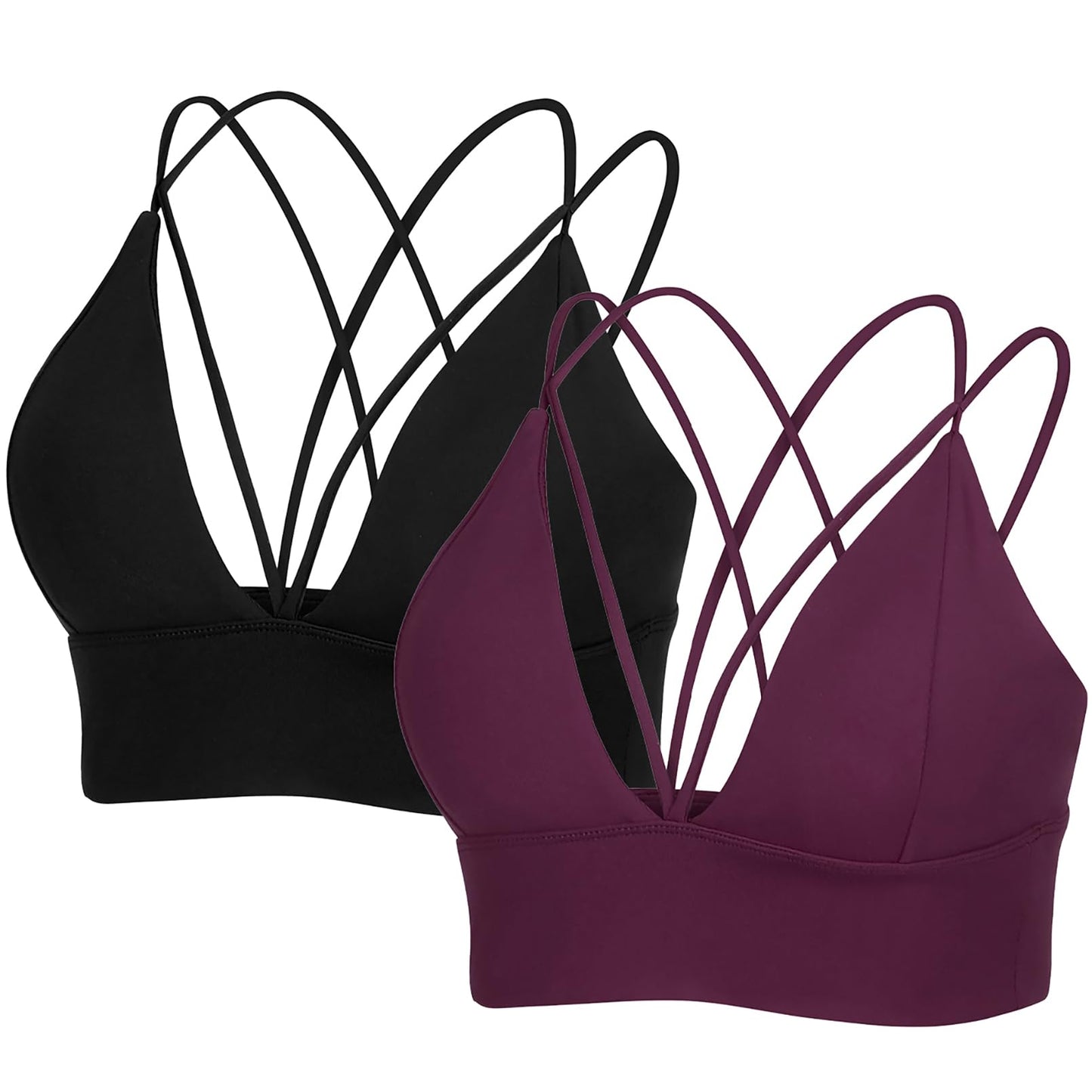 MotoRun Womens Push-Up Padded Strappy Sports Bra Cross Back Wirefree Fitness Yoga Top Maroon&Black 2 Packs, Medium