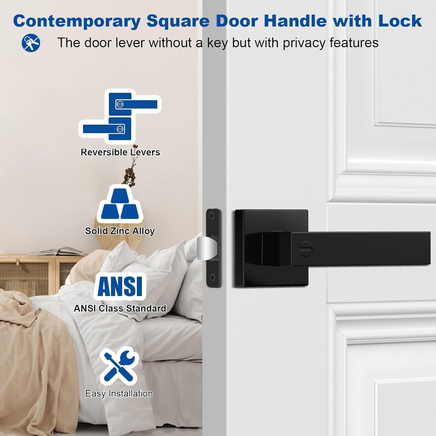 Estmoon 5 Pack Matte Black Door Handles Interior Door Knobs, Home Improvement Keyless Privacy Door Lock, Heavy Duty Zinc Alloy 2.07 lb Door Leverset for Bedrooms Bathrooms