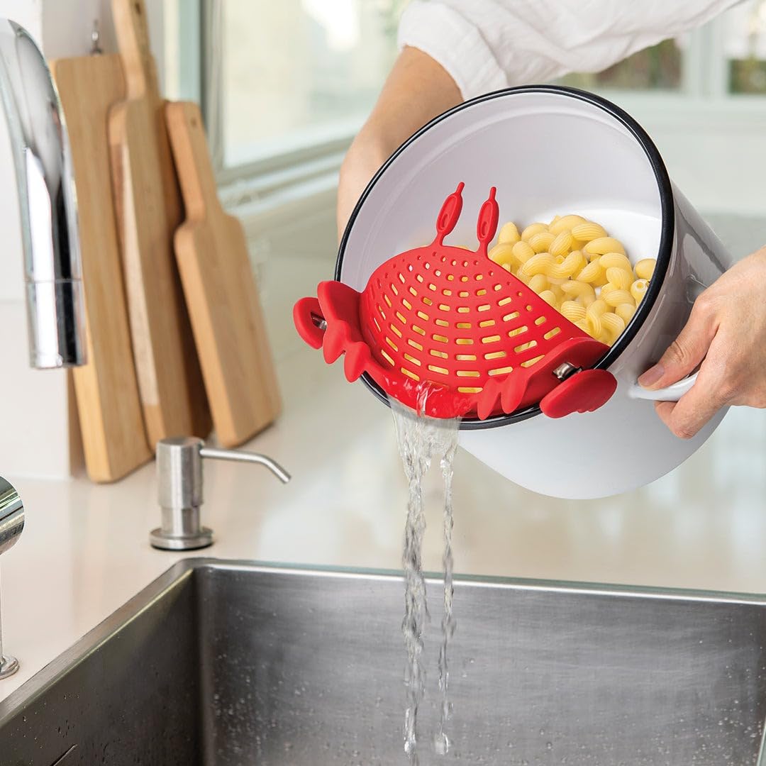NEW Crabby Clip-On Strainer by OTOTO - Silicone and Stainless Steel Pasta Strainer, Funny Gifts, Cute Kitchen Accessories, Red Crab, Cool Kitchen Gadgets