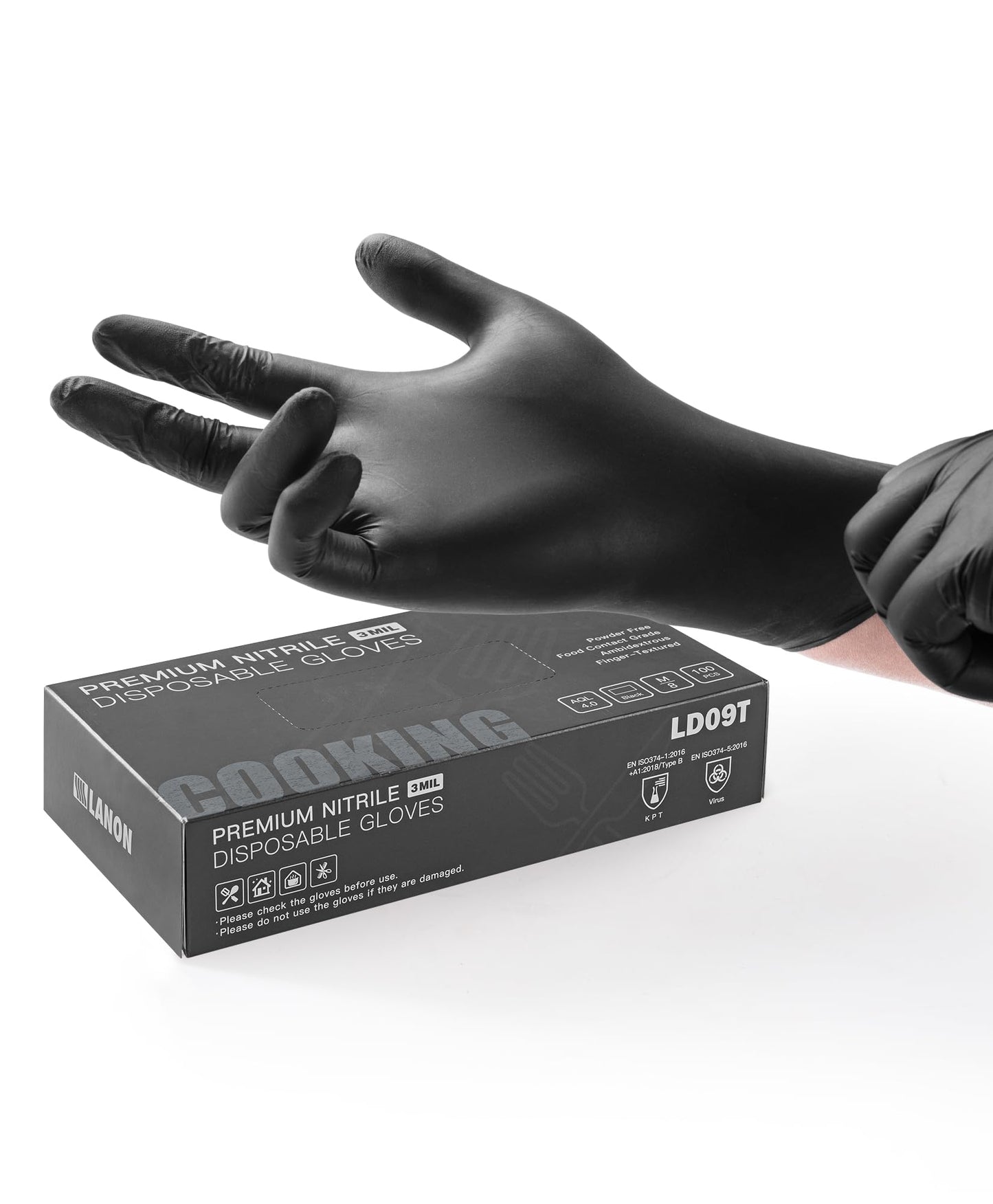 LANON Food Safe Disposable Nitrile Gloves, Latex-Free, Powder-Free, Silicone-Free, Textured Fingertips, Cooking, Black，Medium