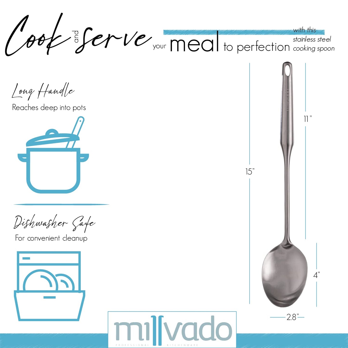 Millvado Stainless Steel Big Cooking Spoon, Kitchen Utensils and Gadgets, 15 Inch Large Spoon For for Cooking, Basting, Serving, Dishwasher Safe Metal Utensil, Durable, Solid Construction