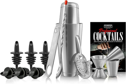 NutriChef Mixology Bartender Cocktail Shaker Set - Includes 15 & 30 oz Stainless Steel Shakers, 6 Bottle Pourers & More - Essential Martini Making Kit - Drink Mixing Set - 15 Piece Cocktail Bar Set
