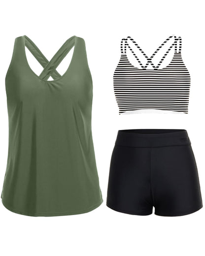 Holipick Black Striped 3 Piece Tankini Swimsuits for Women Tummy Control Bathing Suits Swim Tank Top with Bra Boy Shorts Teen Swimwear M